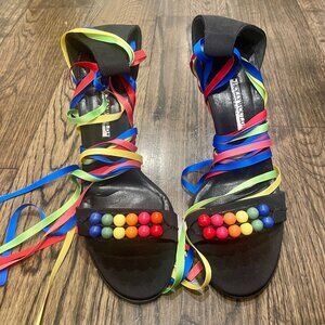 Hollywould Rainbow Ribbon Beaded Ankle Wrap Vintage Y2K Heels 8 Sandals Black